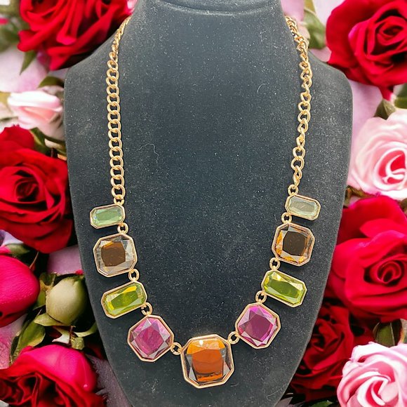 NRO Gold-Tone Multicolored Glass Squared Necklace! - Picture 1 of 10